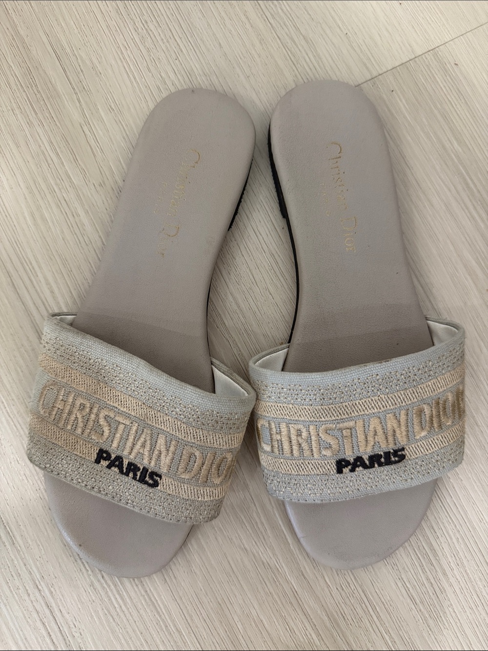 Dior Beige and Cream Embroidered Logo Slide Sandals